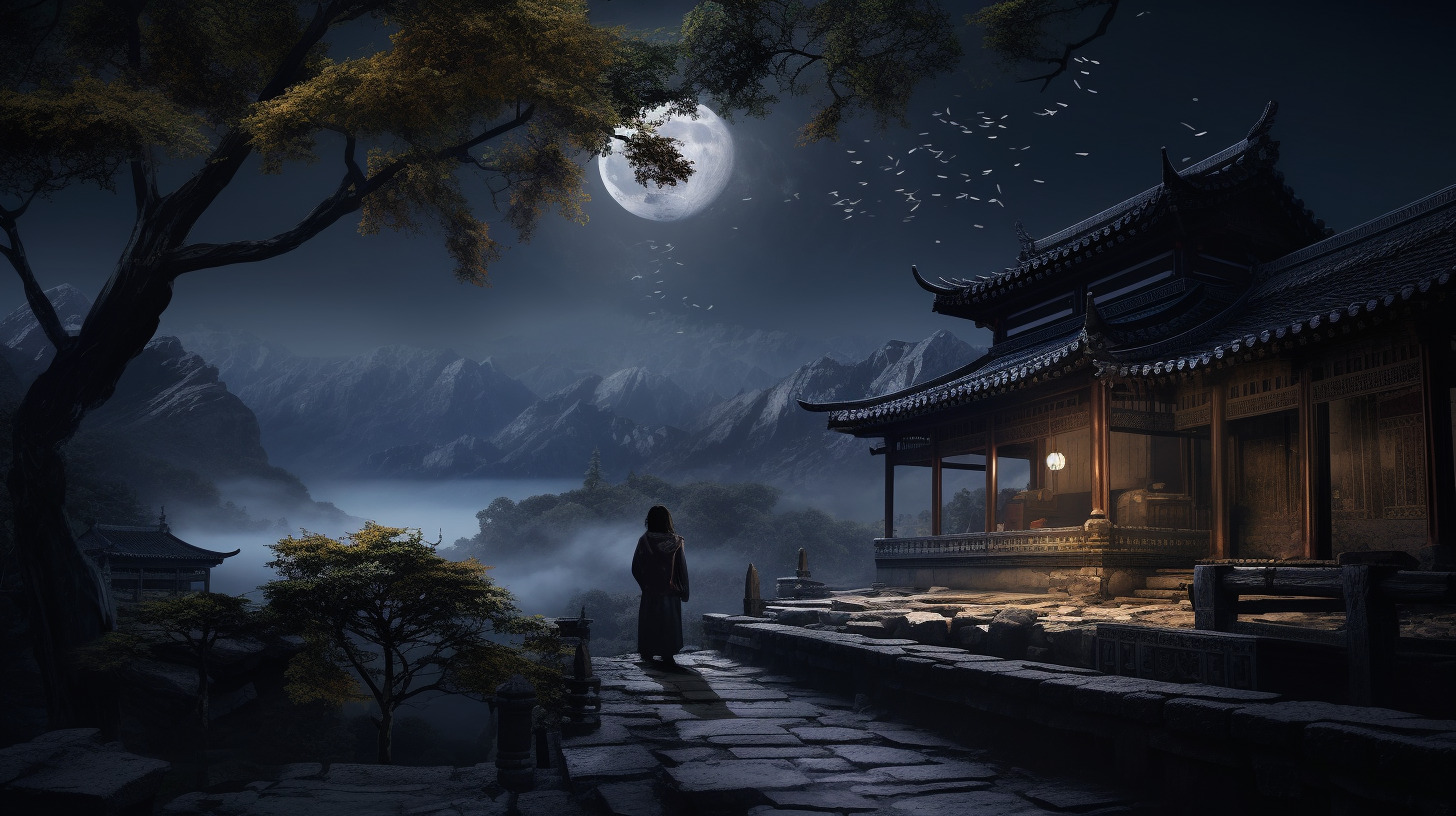 二次元中式古风,夜晚,中国古代的建筑 ,一个哭泣的黑色长袍女孩站在地上被风吹着,一个俊俏的人脸兽声-豆友IRUc的文本出图-自由创作作品