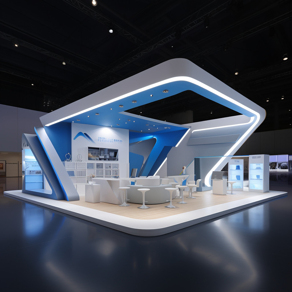 商业展览 展台，主体结构为木结构白色乳胶漆饰面 桁架 地面铺蓝色拉绒地毯 展示柜图文灯箱 门楣蓝-豆友ePGo的Midjourney作品-豆绘 ...