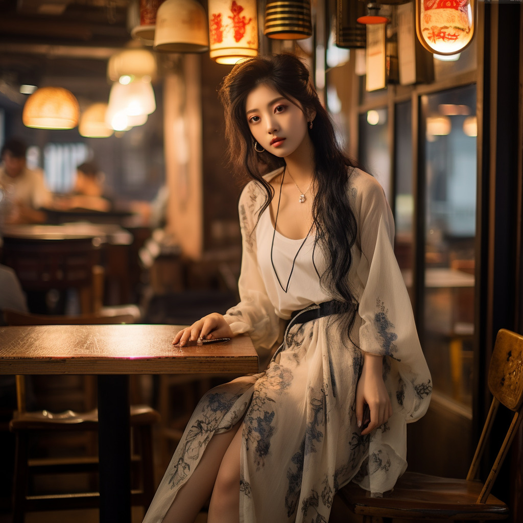 东方女孩,街拍时尚照,高个,妩媚,长发,新中式服装全身照,安静的咖啡厅华丽装修,慵懒的灯光,-豆友5p6k的文本出图-自由创作作品