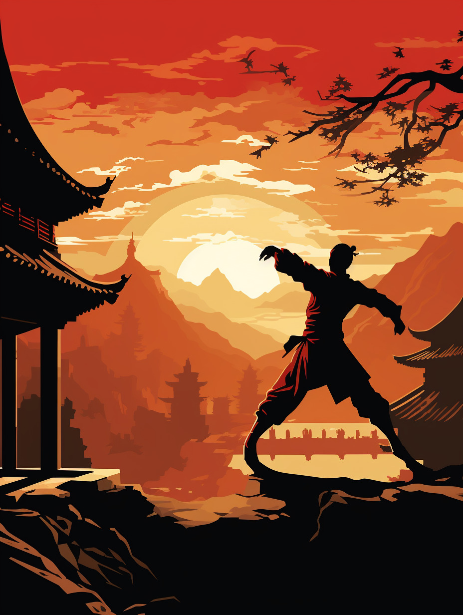 插画,中国风 武术在一座古老的中国城市,一位年轻的武术家在清晨的阳光下练习太极拳。周围是具有中国特色-豆友yEnY的文本出图-自由创作作品