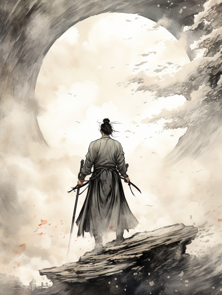 一个男人，手拿三尺长剑，独自面对天空的裂缝，中国古风，墨水画风格，-饕餮的Midjourney作品-豆绘AI - 专业且免费的在线AI绘图设计 ...