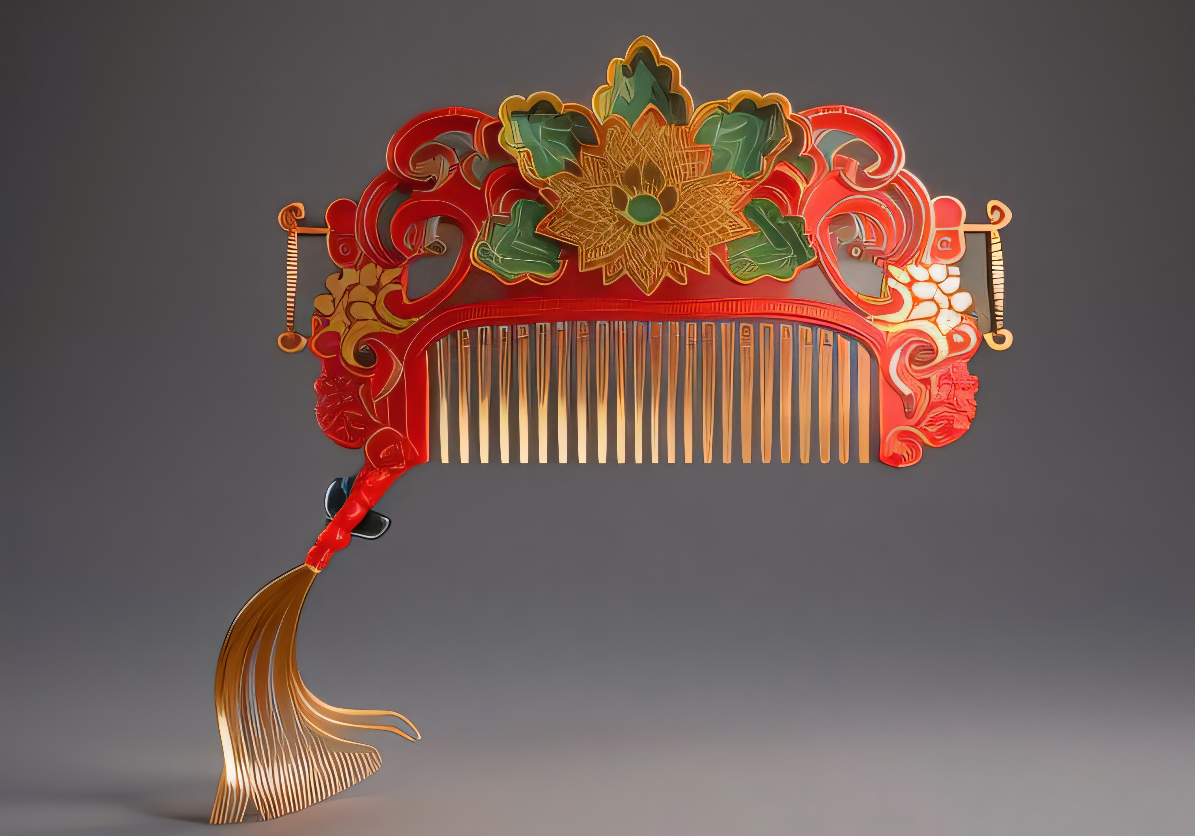 一把梳子,以图中2D插画线稿为原型,生成3D图型,具有中国传统颜色,层次,浮雕工艺, 3d 渲染,原-豆友Iyjs的以图出图-通用模式 ...