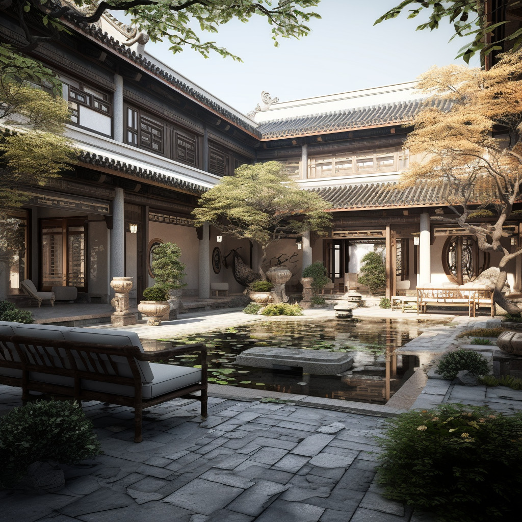 惬意优美的中式庭院，纹理强烈真实，物体反光真实，整个画面真实，树叶形状实体感强一点-豆友eIhM的文本出图-自由创作作品