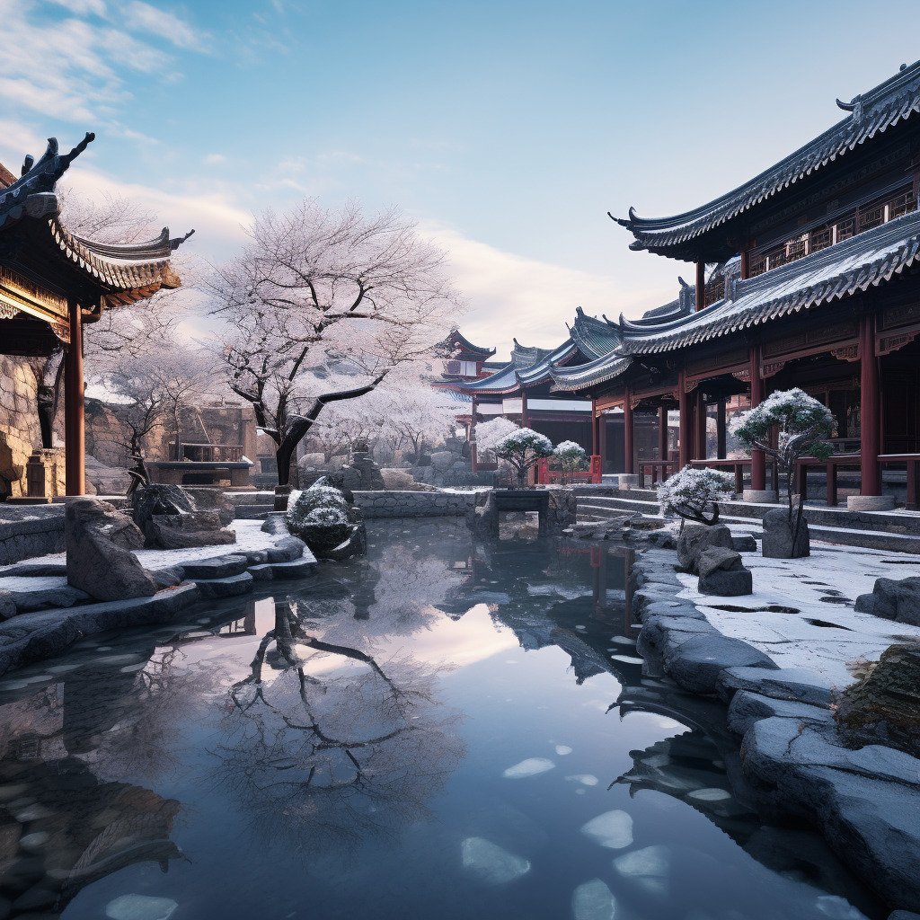 冬天的中式庭院,物体纹理强烈真实,物体反光真实,树叶形状实体不虚,物体真实,氛围感真实,套图。-豆友cFxM的Midjourney作品-豆绘 ...