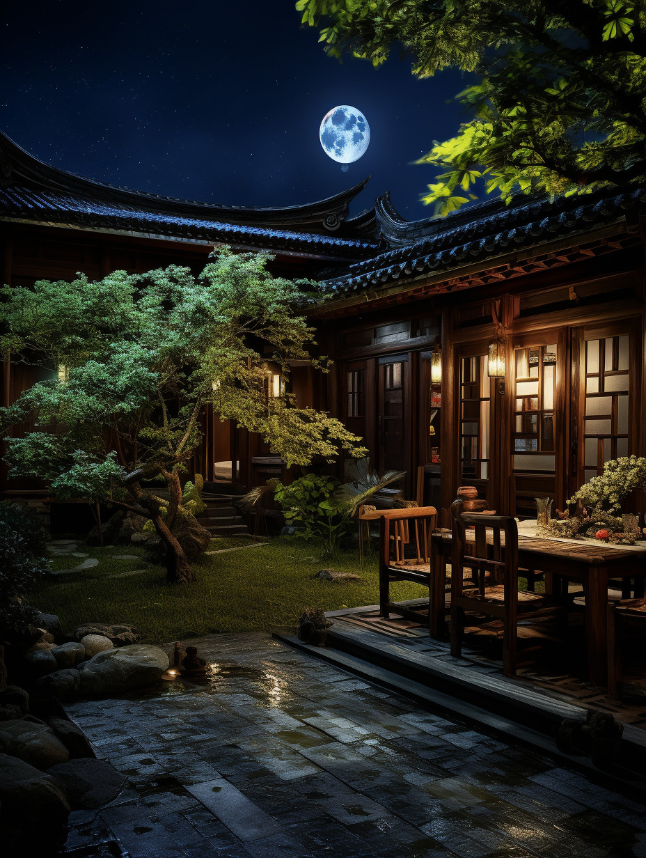 夜晚的中式庭院,物体纹理强烈真实,物体反光真实,树叶形状实体不虚,物体真实,氛围感真实,套图。有月景-豆友cFxM的Midjourney作品 ...