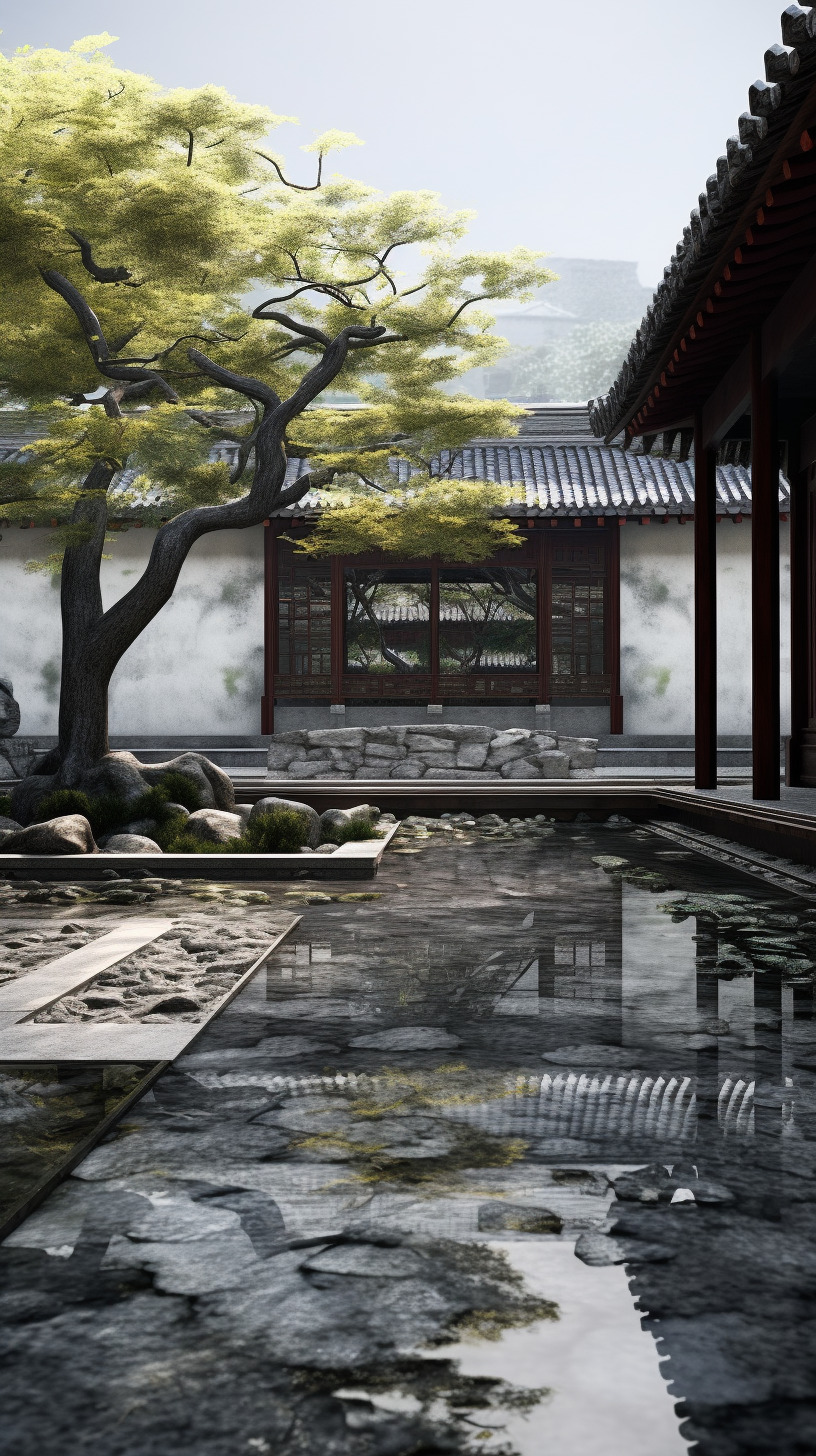 静谧的中式庭院 物体真实,物体纹理强烈真实,物体反光真实,树叶真实,套图-豆友4HTc的文本出图-自由创作作品