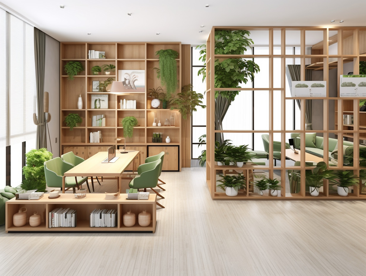双层loft办公室 4.2*8㎡,绿色与木质家具结合的风格,多一些绿植,极简工业风,正常的光影,正视-豆友u2xs的文本出图-自由创作作品