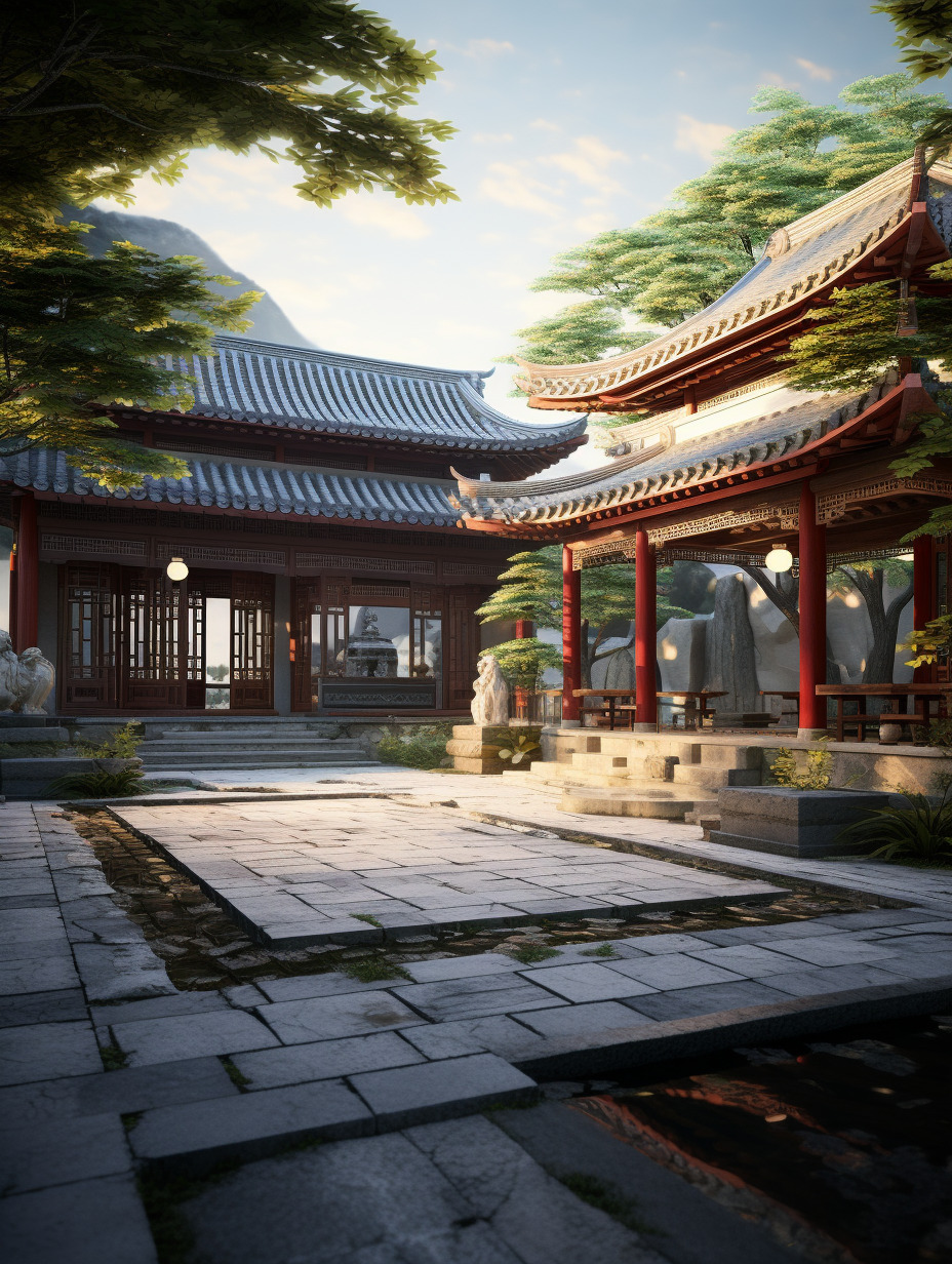 中式庭院里,物体纹理强烈真实,物体反光真实,树叶形状实体不虚,物体真实,氛围感真实强烈,套图。-豆友cFxM的文本出图-自由创作作品