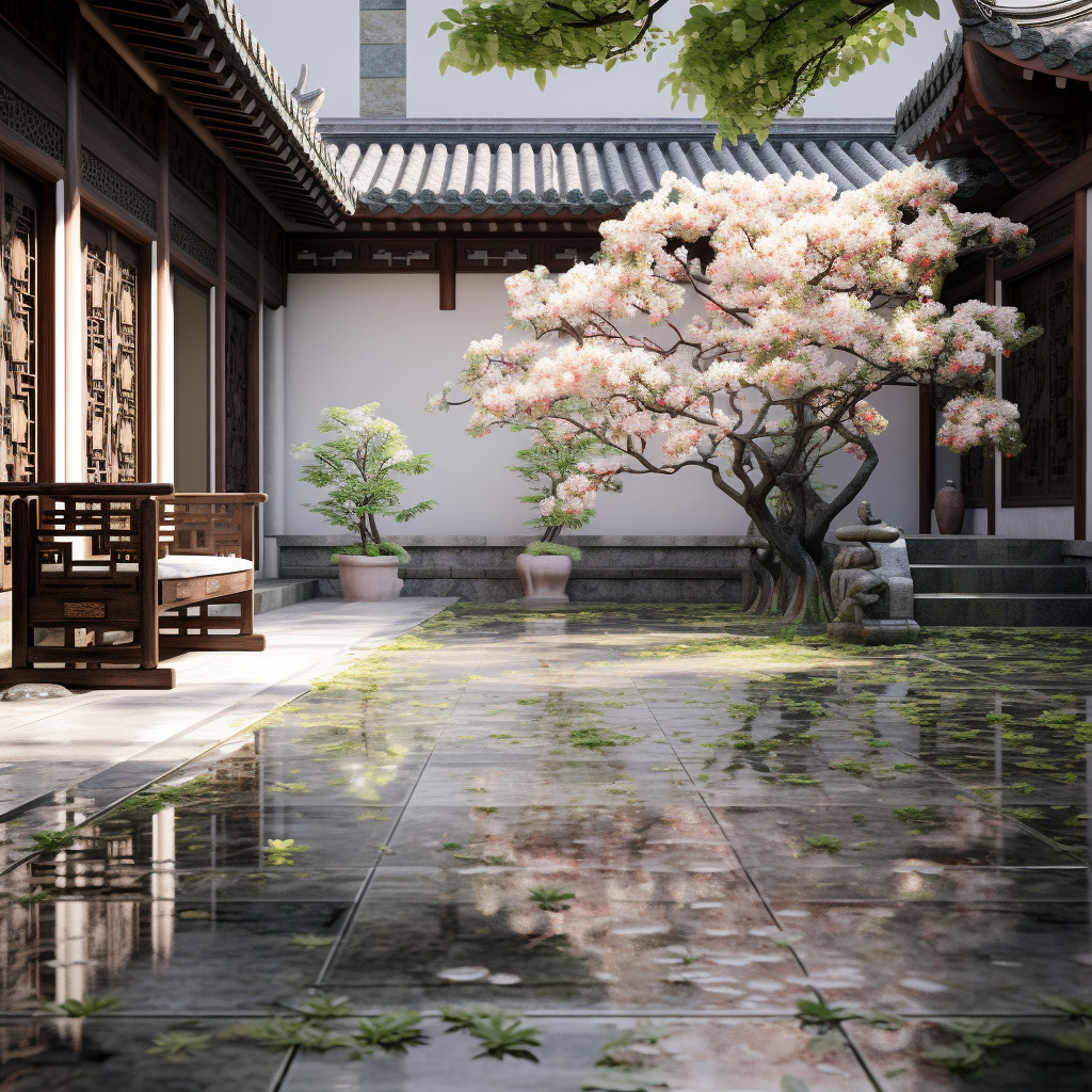 新中式庭院,物体纹理强烈真实,物体反光真实,树叶形状实体不虚,物体真实,氛围感真实强烈,真实,高分辨-豆友cFxM的文本出图-自由创作作品