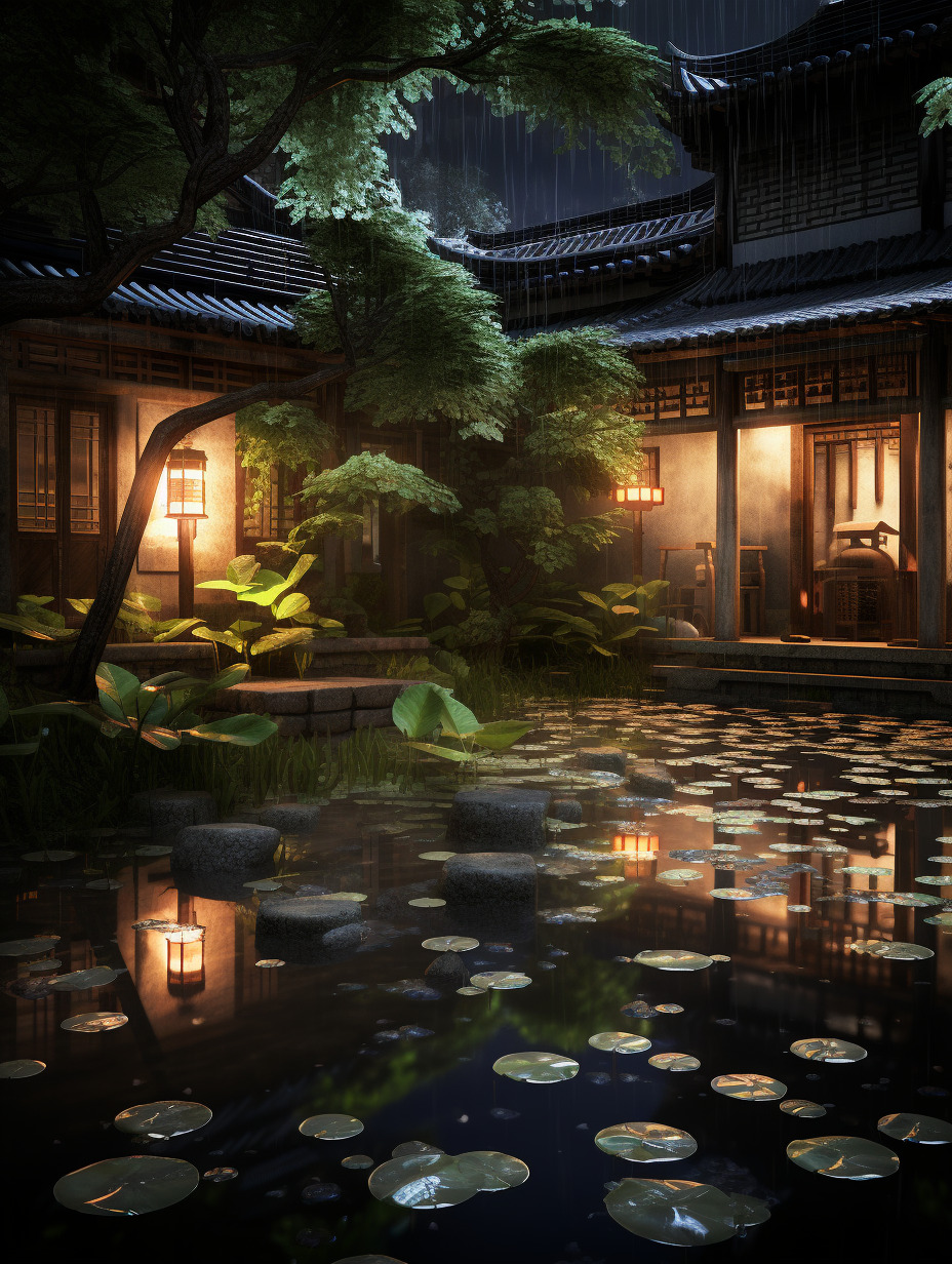夜晚在一个静谧的中式庭院,物体纹理强烈真实,物体反光真实,树叶形状实体不虚,物体真实,氛围感真实强烈-豆友cFxM的Midjourney作品 ...