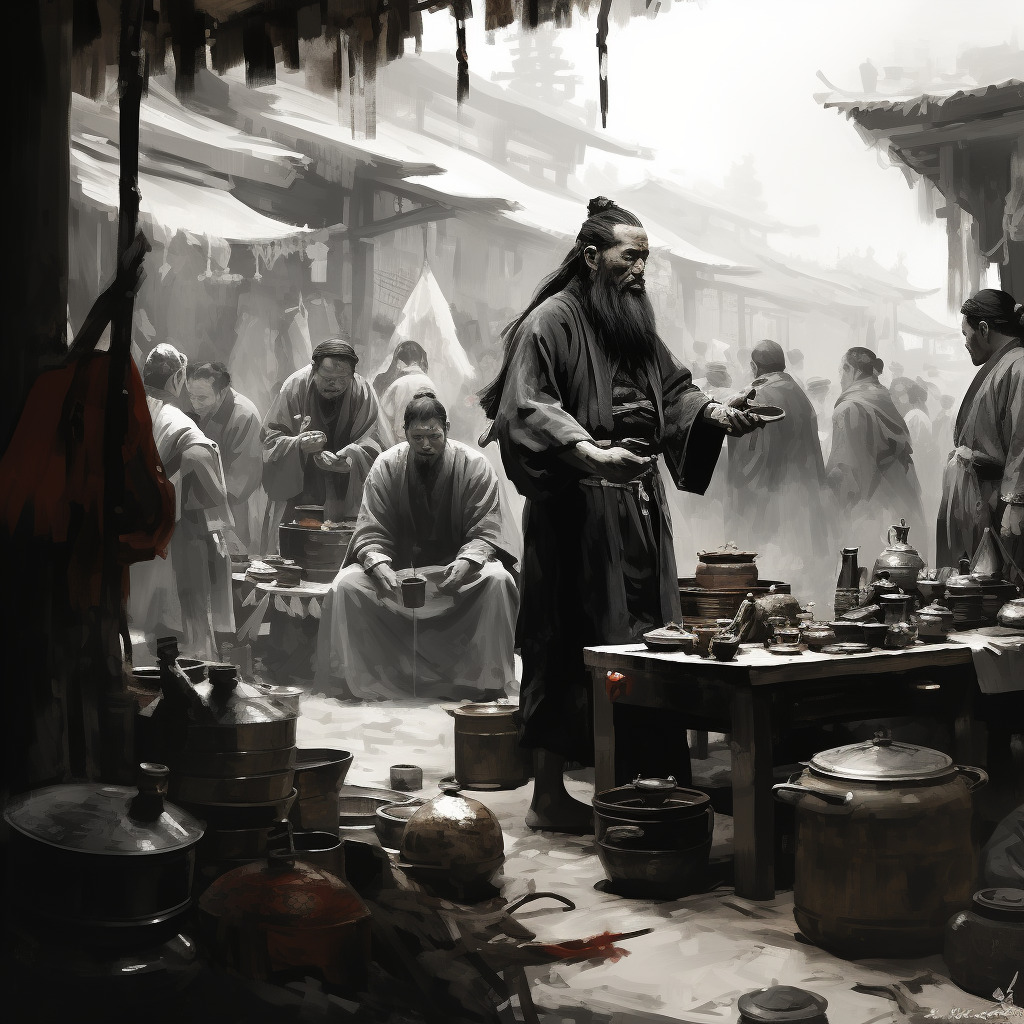水墨画,古代服装,中年形象,在集市上,周围 比较热闹,商贩,挑着担子,中国古代场景, 黑白-豆友GwuQ的文本出图-Midjourney模型作品