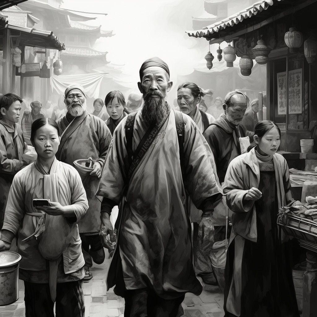 水墨画,古代服装,中年形象,在集市上,周围 比较热闹,商贩,挑着担子,中国古代场景, 黑白-豆友GwuQ的文本出图-Midjourney模型作品