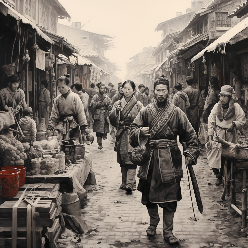 水墨画,古代服装,中年形象,在集市上,周围 比较热闹,商贩,挑着担子,中国古代场景, 黑白-豆友GwuQ的文本出图-Midjourney模型作品