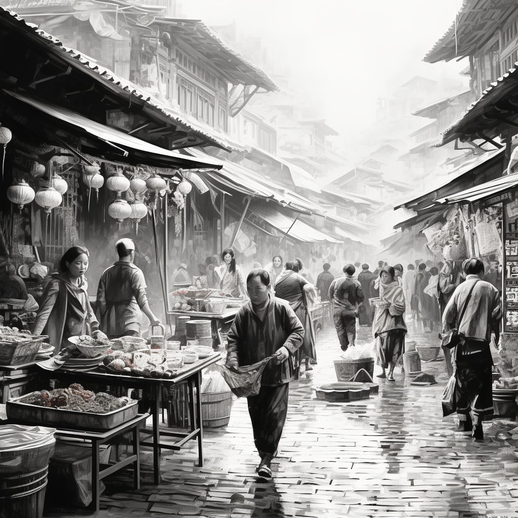 水墨画,古代服装,中年形象,在集市上,周围 比较热闹,商贩,挑着担子,中国古代场景, 黑白-豆友GwuQ的Midjourney作品-豆绘AI ...