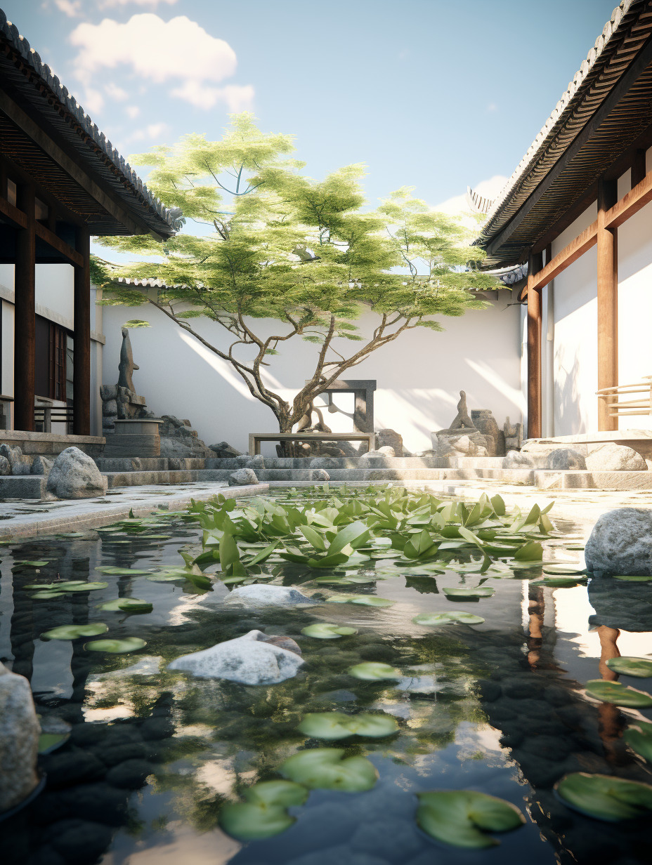 中式庭院里,物体纹理强烈真实,物体反光真实,树叶形状实体不虚,物体真实,氛围感真实强烈,水面纹理、反-豆友cFxM的文本出图-自由创作作品