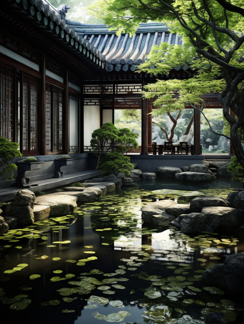 中式庭院里,物体纹理强烈真实,物体反光真实,树叶形状实体不虚,物体真实,氛围感真实强烈,水面纹理、反-豆友cFxM的文本出图-自由创作作品