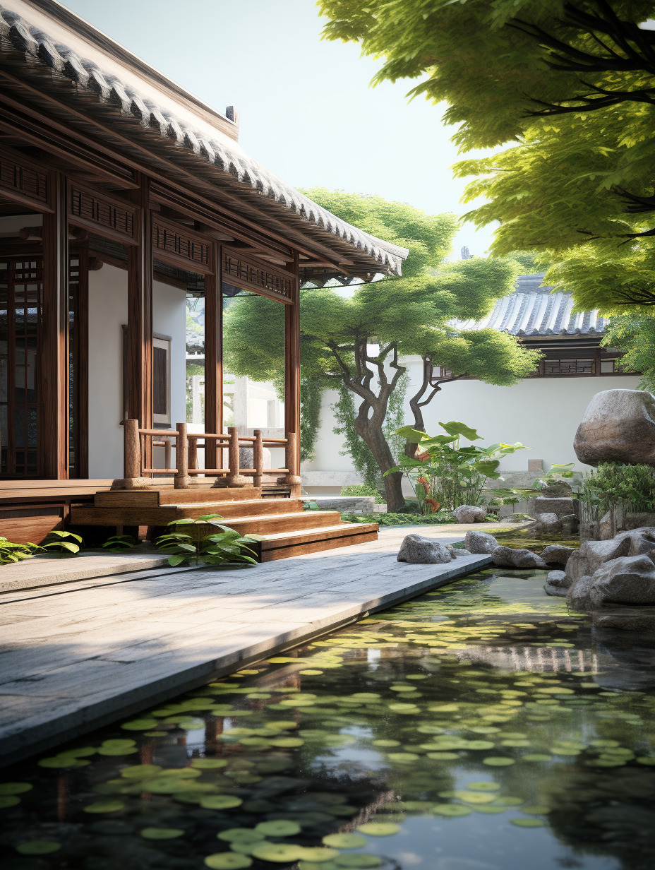 中式庭院里,物体纹理强烈真实,物体反光真实,树叶形状实体不虚,物体真实,氛围感真实强烈,水面纹理、反-豆友cFxM的文本出图-自由创作作品