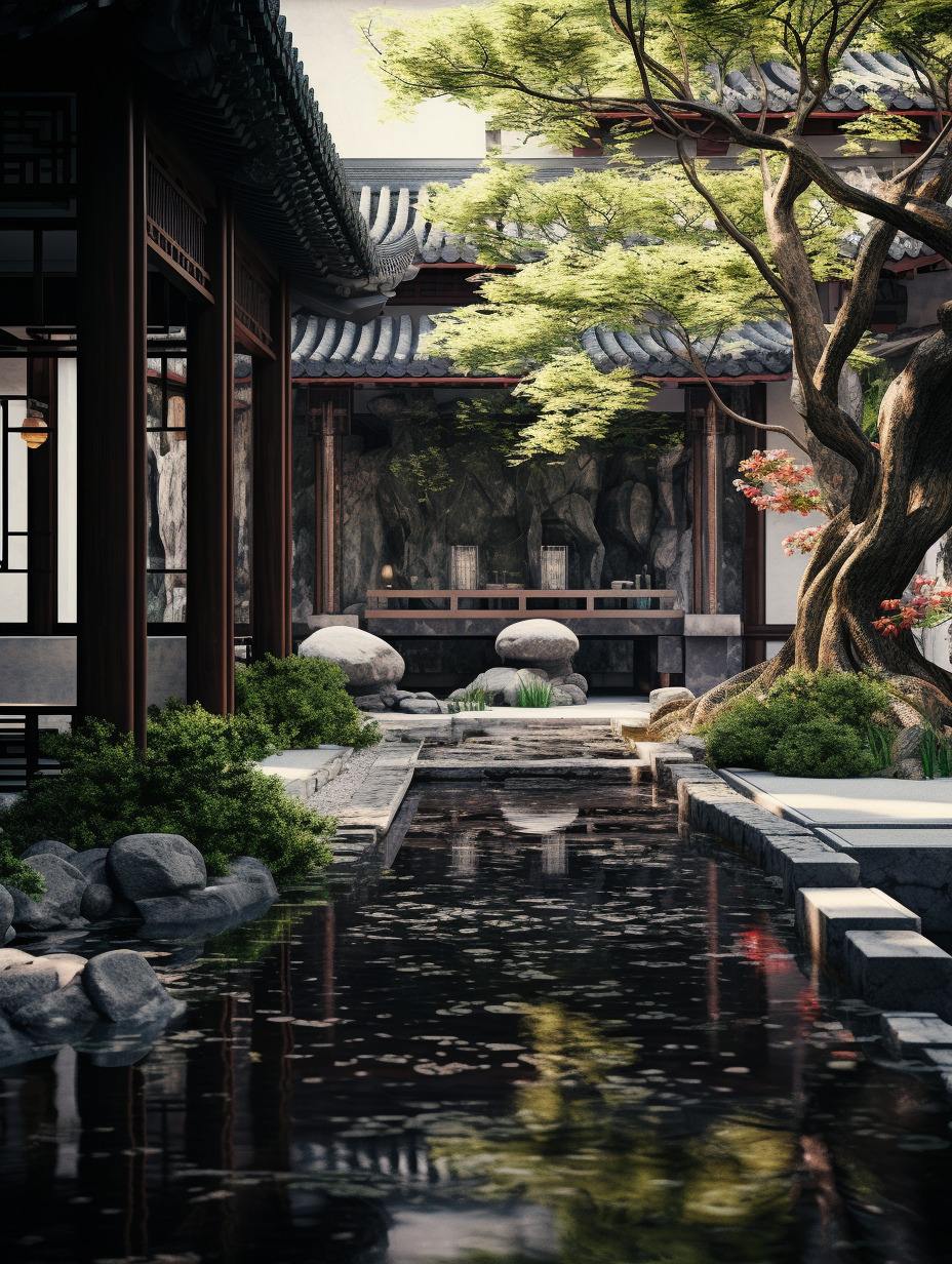 中式庭院里,物体纹理强烈真实,物体反光真实,树叶形状实体不虚,物体真实,氛围感真实强烈,水面纹理、反-豆友cFxM的Midjourney作品 ...
