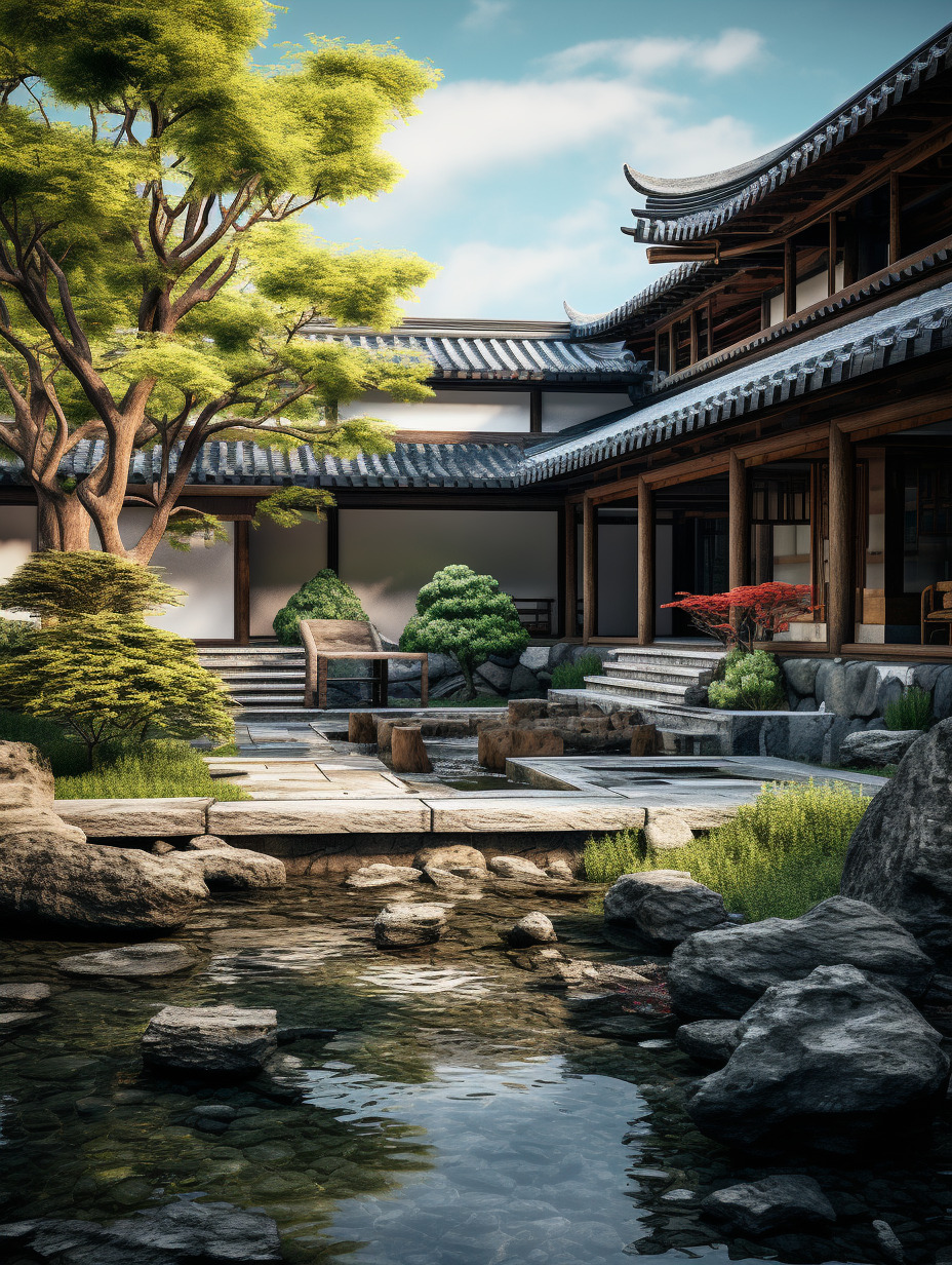 中式庭院里,物体纹理强烈真实,物体反光真实,树叶形状实体不虚,物体真实,氛围感真实强烈,水面纹理、反-豆友cFxM的文本出图-自由创作作品