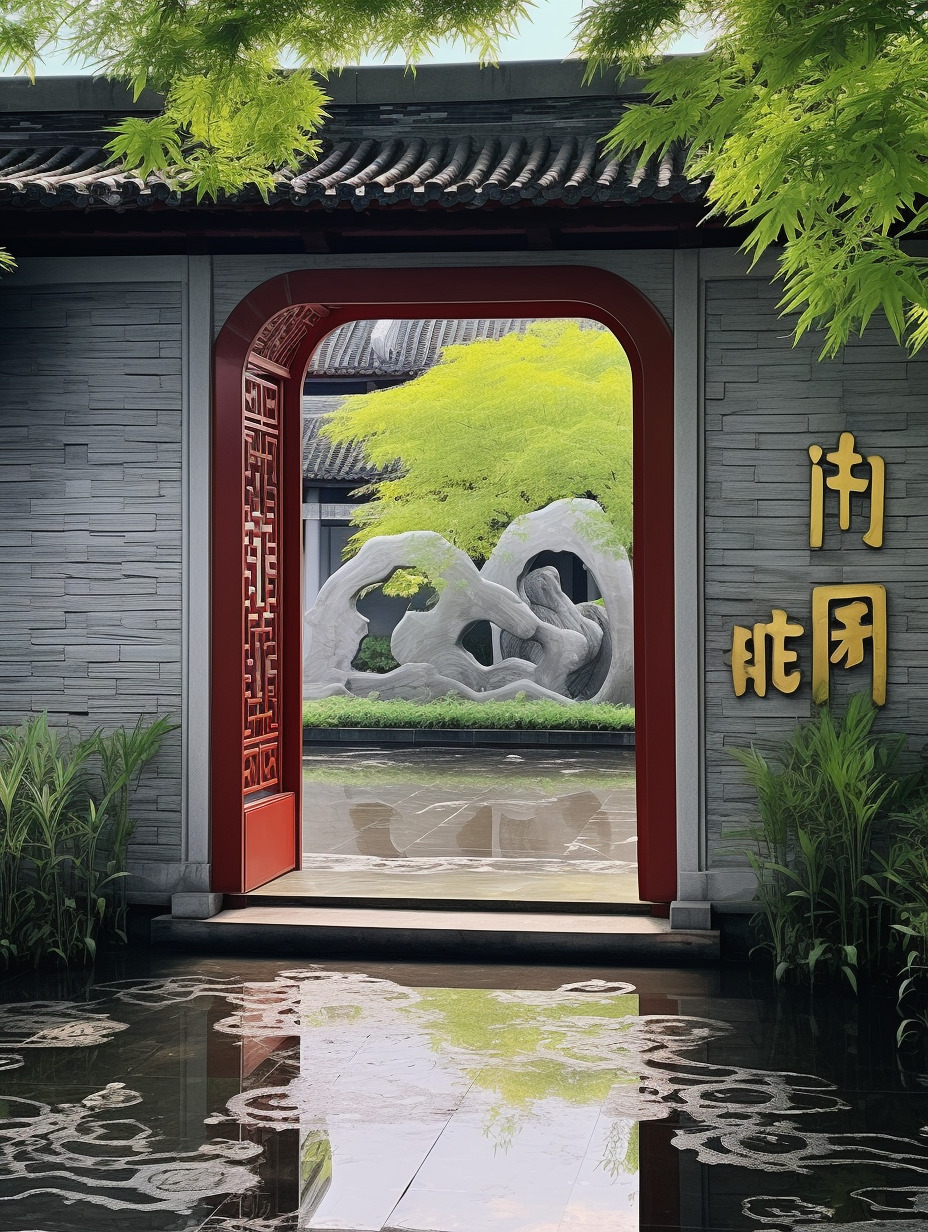 中式庭院里有一扇宝瓶门洞,物体纹理强烈真实,物体反光真实,树叶形状实体不虚,物体真实,氛围感真实强烈-豆友cFxM的文本出图-自由创作作品