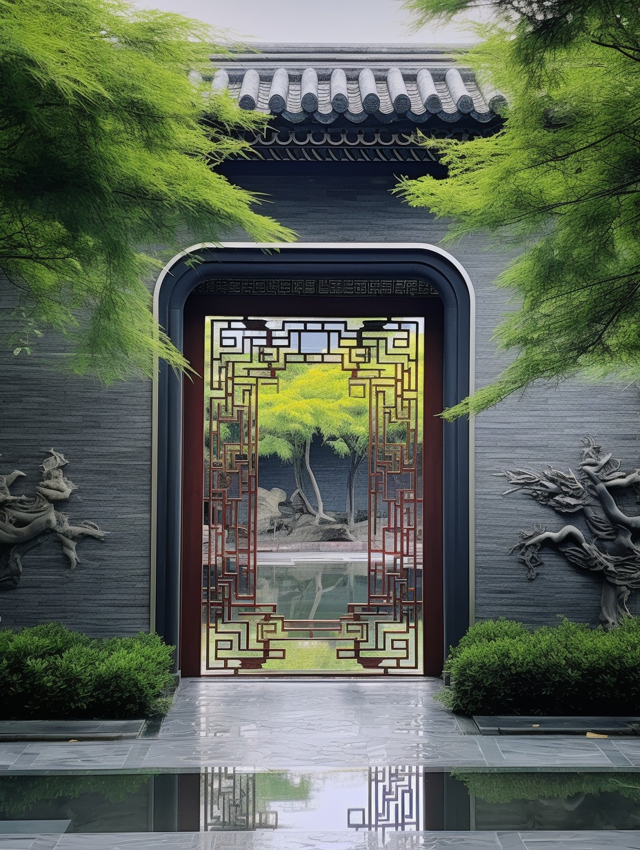 中式庭院里有一扇宝瓶门洞,物体纹理强烈真实,物体反光真实,树叶形状实体不虚,物体真实,氛围感真实强烈-豆友cFxM的文本出图-自由创作作品
