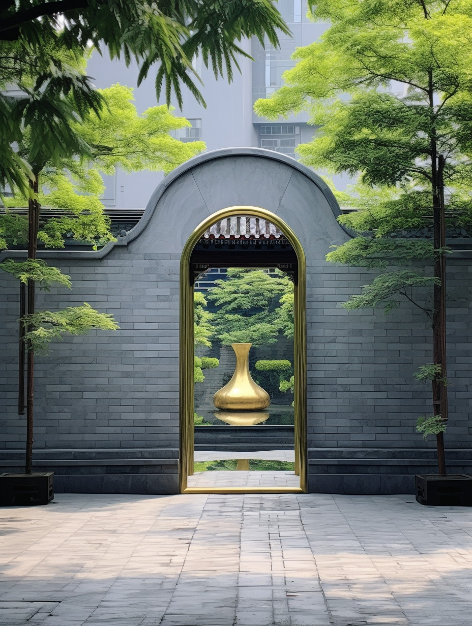 中式庭院里有一扇宝瓶形状的门洞,物体纹理强烈真实,物体反光真实,树叶形状实体不虚,物体真实,氛围感真-豆友cFxM的文本出图-自由创作作品