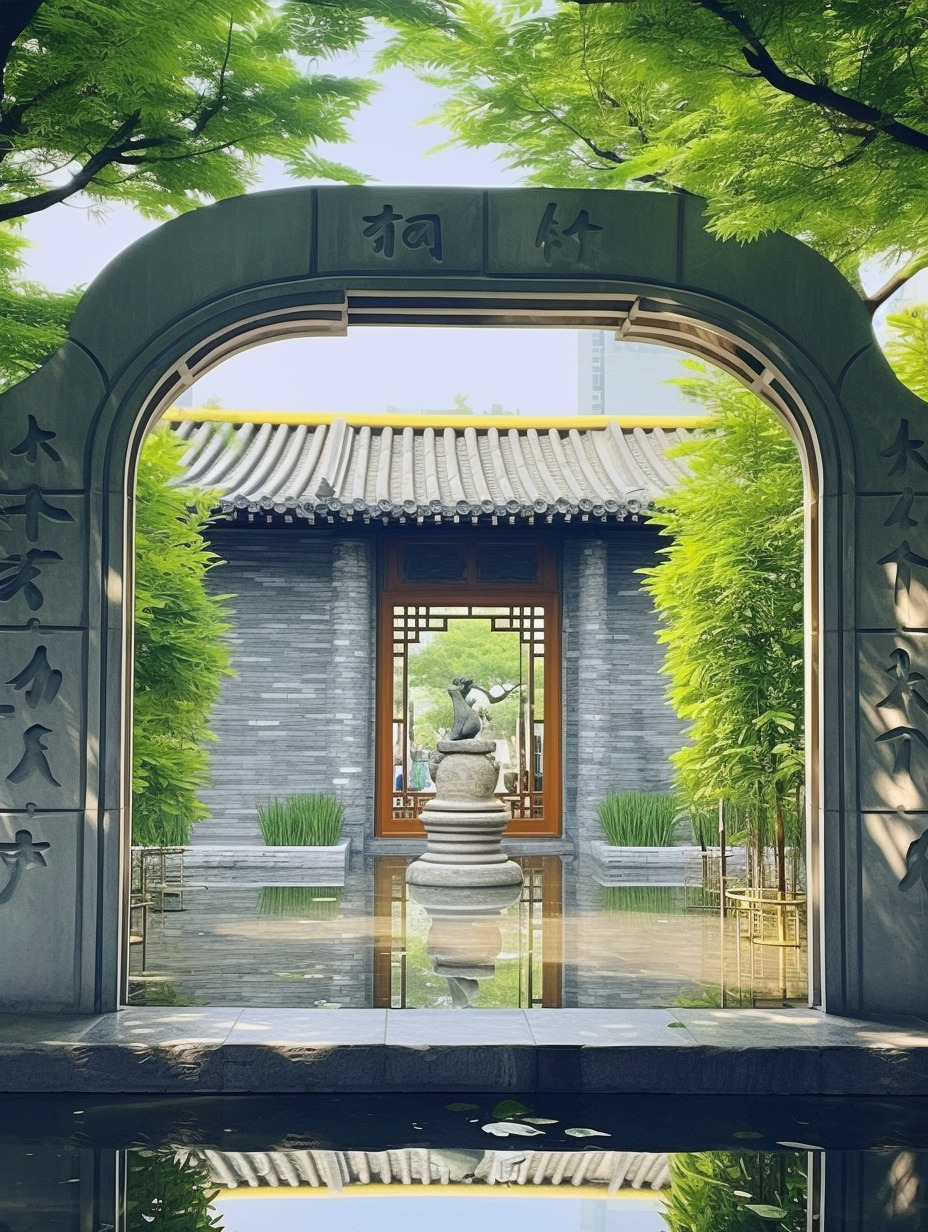 中式庭院里有一扇宝瓶形状的门洞,物体纹理强烈真实,物体反光真实,树叶形状实体不虚,物体真实,氛围感真-豆友cFxM的文本出图-自由创作作品