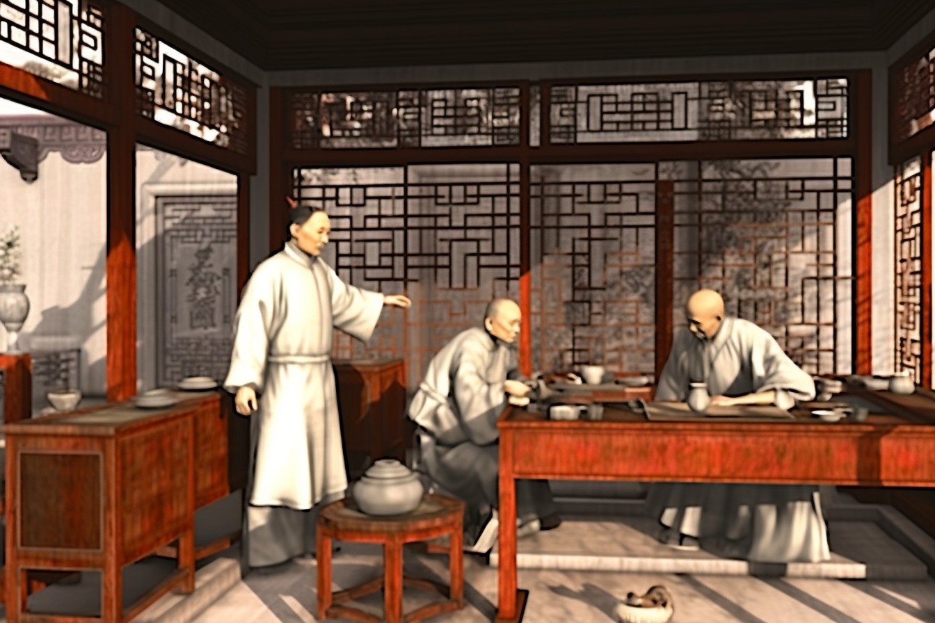 明代,古代中医,就诊病人, enscape 渲染, 中国写意画风格, 雕刻, 中景镜头, 黑白色调,-豆友l2dI的Midjourney作品 ...