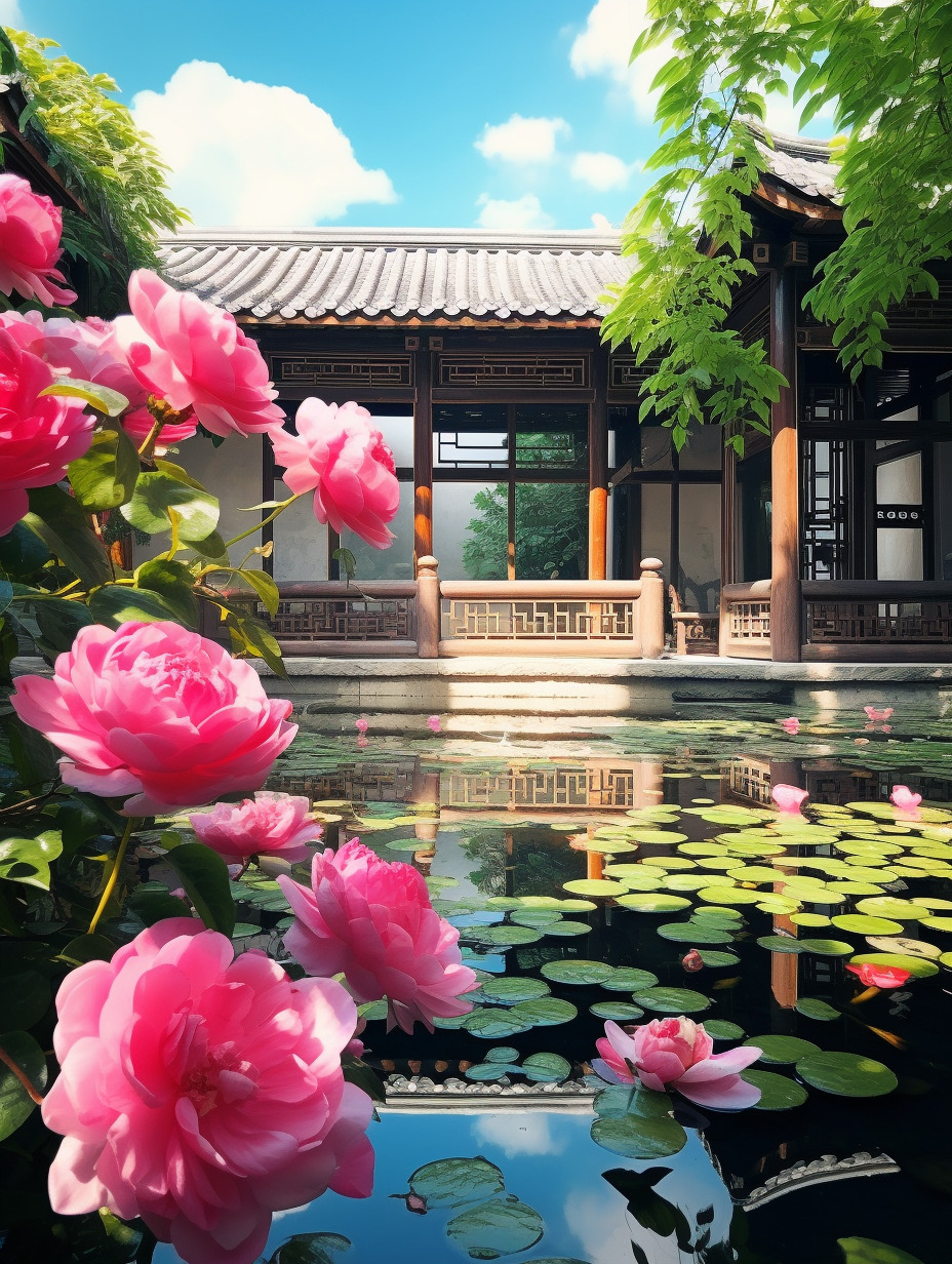 中式庭院里,有牡丹花,物体纹理强烈真实,物体反光真实,树叶形状实,物体真实,氛围感真实强烈,水面纹理-豆友cFxM的文本出图-自由创作作品