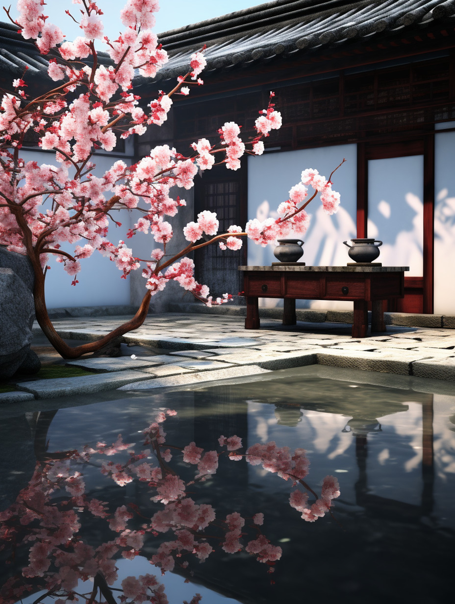 中式庭院里,有梅花,物体纹理强烈真实,物体反光真实,树叶形状实,物体真实,氛围感真实强烈,水面纹理、-豆友cFxM的文本出图-自由创作作品