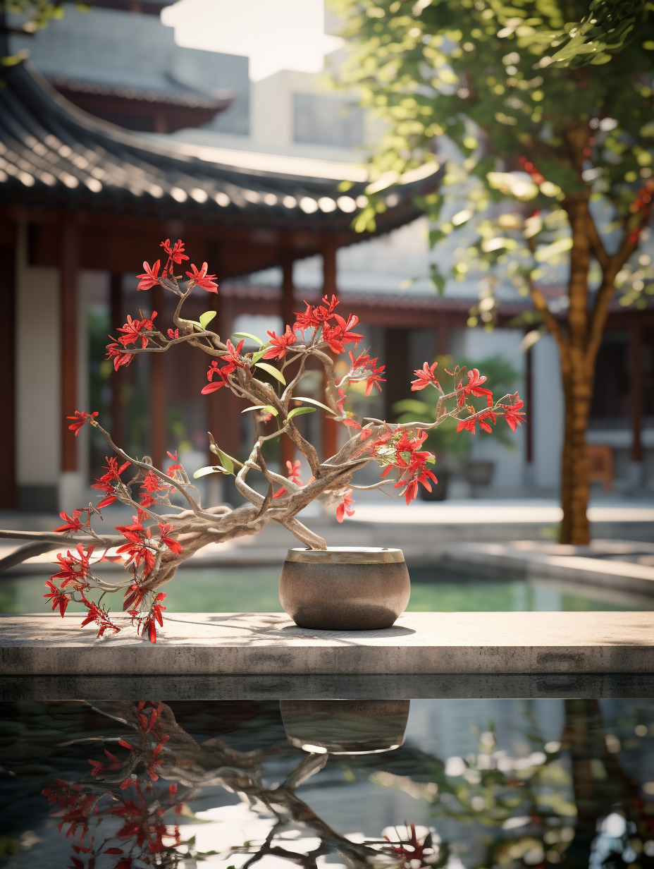 中式庭院里,有金银花,物体纹理强烈真实,物体反光真实,树叶形状实,物体真实,氛围感真实强烈,水面纹理-豆友PlJo的Midjourney作品 ...
