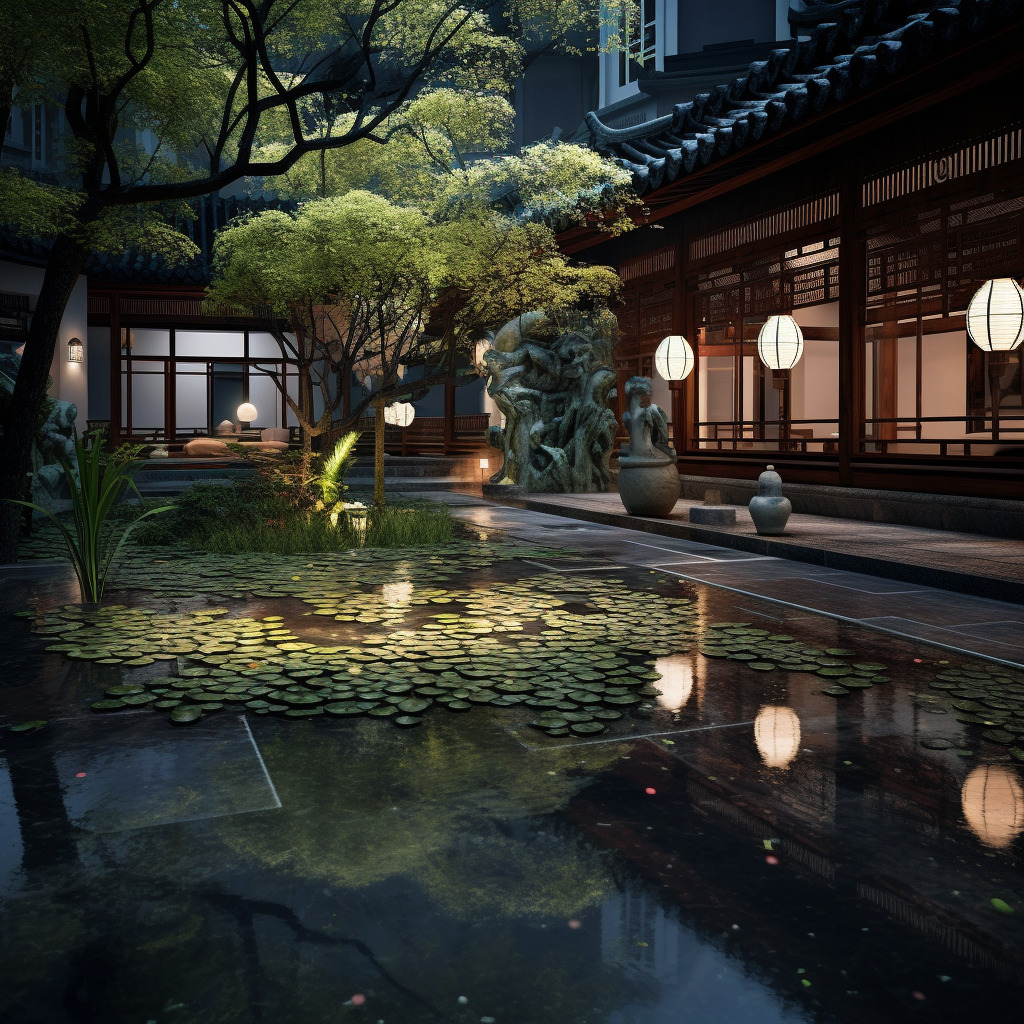 夜晚的中式庭院里,物体纹理强烈真实,物体反光真实,树叶形状实,物体真实,氛围感真实强烈,水面纹理、反-豆友cFxM的Midjourney作品 ...
