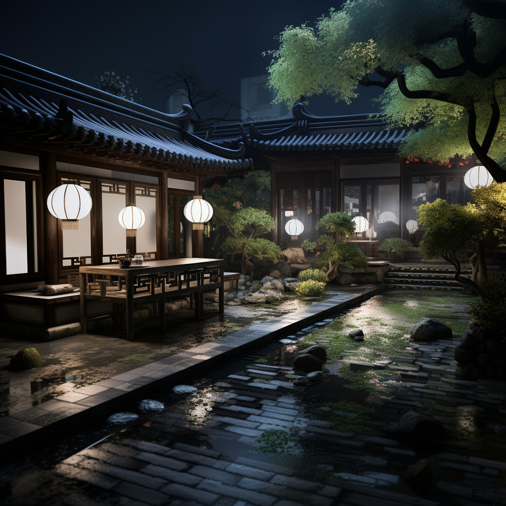 夜晚的中式庭院里,物体纹理强烈真实,物体反光真实,树叶形状实,物体真实,氛围感真实强烈,水面纹理、反-豆友cFxM的文本出图-自由创作作品