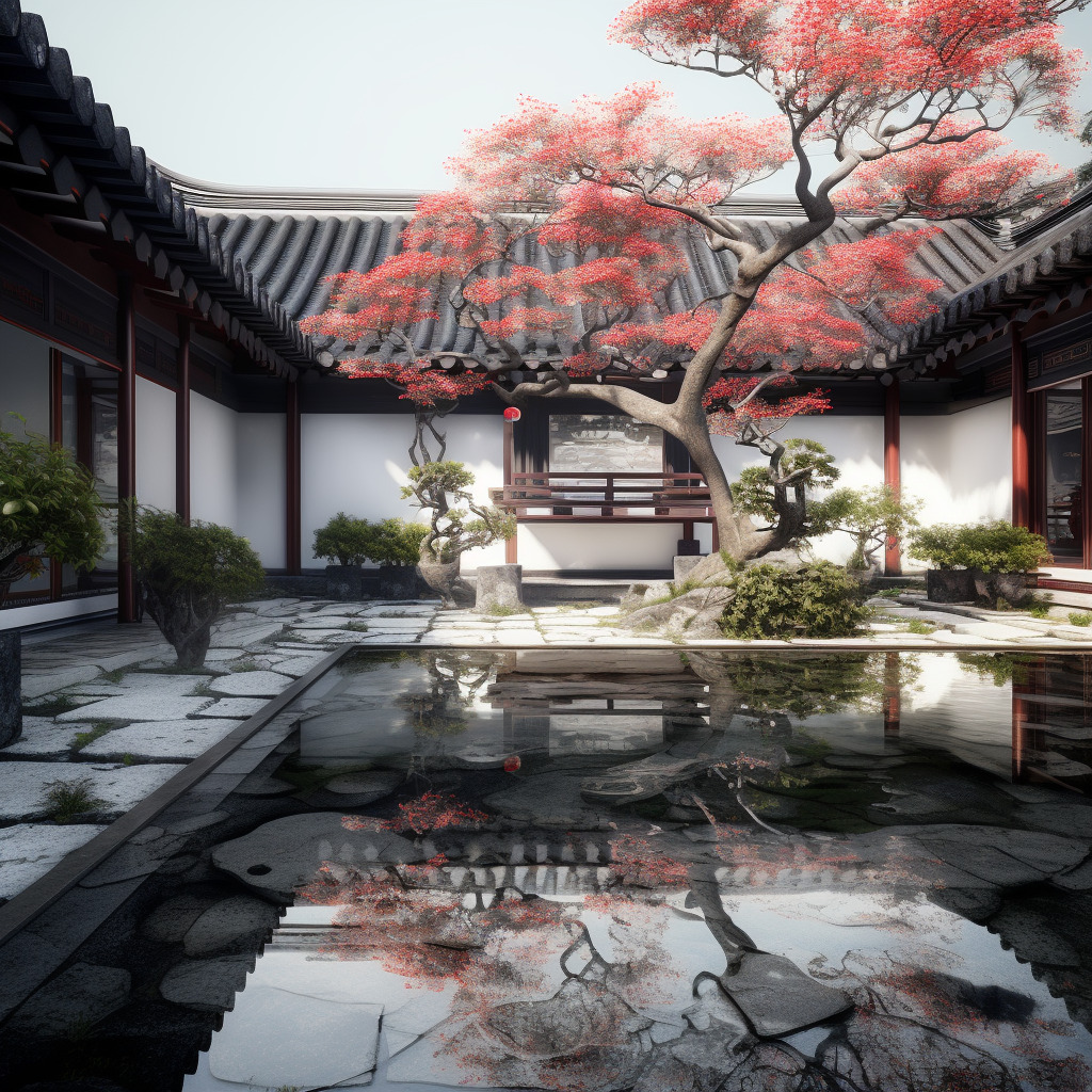 中式庭院里,物体纹理强烈真实,物体反光真实,树叶形状实,物体真实,氛围感真实强烈,水面纹理、反光真实-豆友cFxM的文本出图-自由创作作品