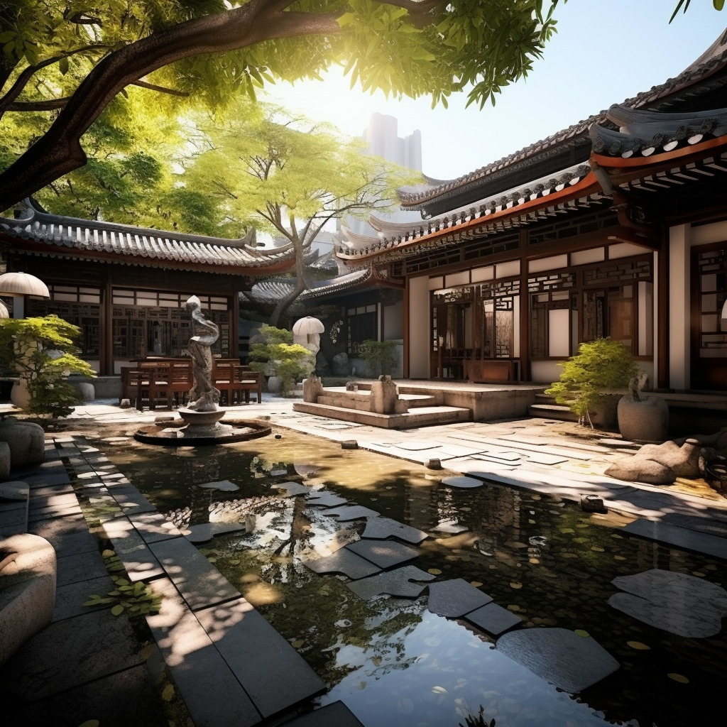 中式庭院里,物体纹理强烈真实,物体反光真实,树叶形状实,物体真实,氛围感真实强烈,水面纹理、反光真实-豆友cFxM的文本出图-自由创作作品