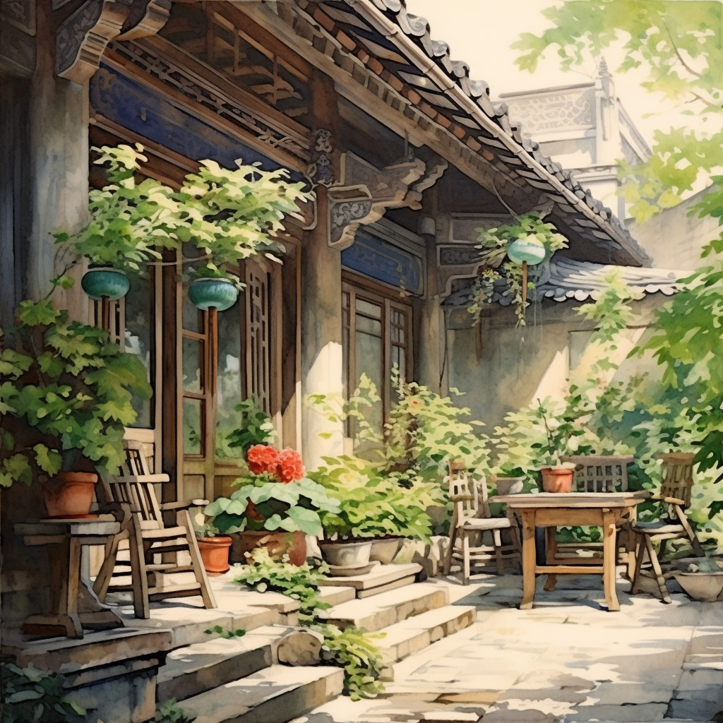 水彩风格，插画，古风建筑，庭院，植物，窗，淡雅，中国风，-豆友D4nM的Midjourney作品-豆绘AI - 专业且免费的在线AI绘图设计 ...