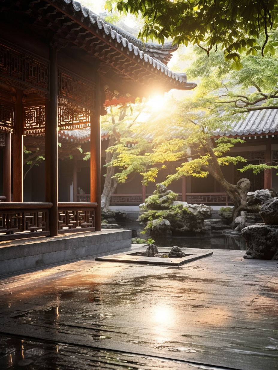 清晨第一缕阳光落在古典元素的中式庭院,相机实拍,物体真实,物体纹理真实自然,氛围感真实强烈,水面纹理-豆友cFxM的文本出图-自由创作作品