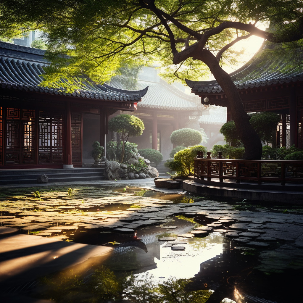 清晨第一缕阳光落在中式庭院,相机实拍,物体真实,物体纹理真实自然,氛围感真实强烈,水面纹理、反光真实-豆友cFxM的文本出图-自由创作作品
