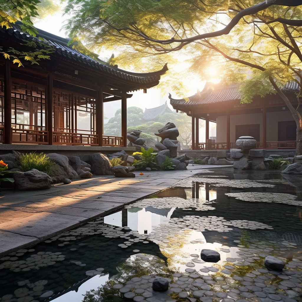 清晨第一缕阳光落在中式庭院,相机实拍,物体真实,物体纹理真实自然,氛围感真实强烈,水面纹理、反光真实-豆友cFxM的文本出图-自由创作作品