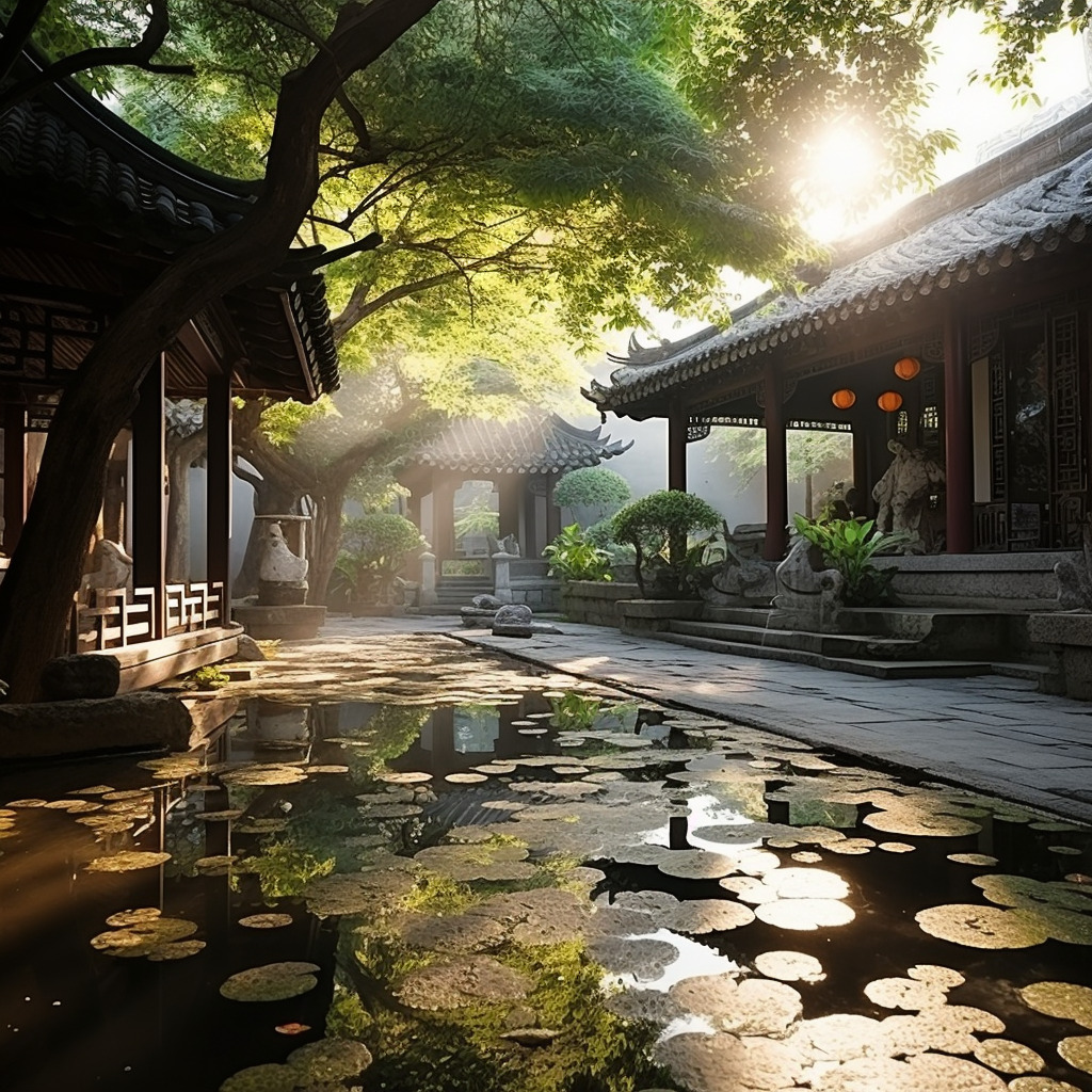 清晨第一缕阳光落在中式庭院，相机实拍，物体真实，物体纹理真实自然，氛围感真实强烈，水面纹理、反光真实-豆友cFxM的文本出图-自由创作作品