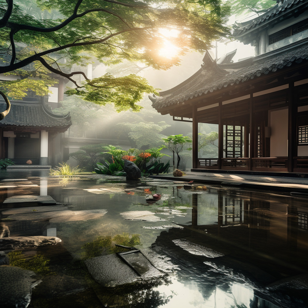 清晨第一缕阳光落在中式庭院,相机实拍,物体真实,物体纹理真实自然,氛围感真实强烈,水面纹理、反光真实-豆友cFxM的文本出图-自由创作作品