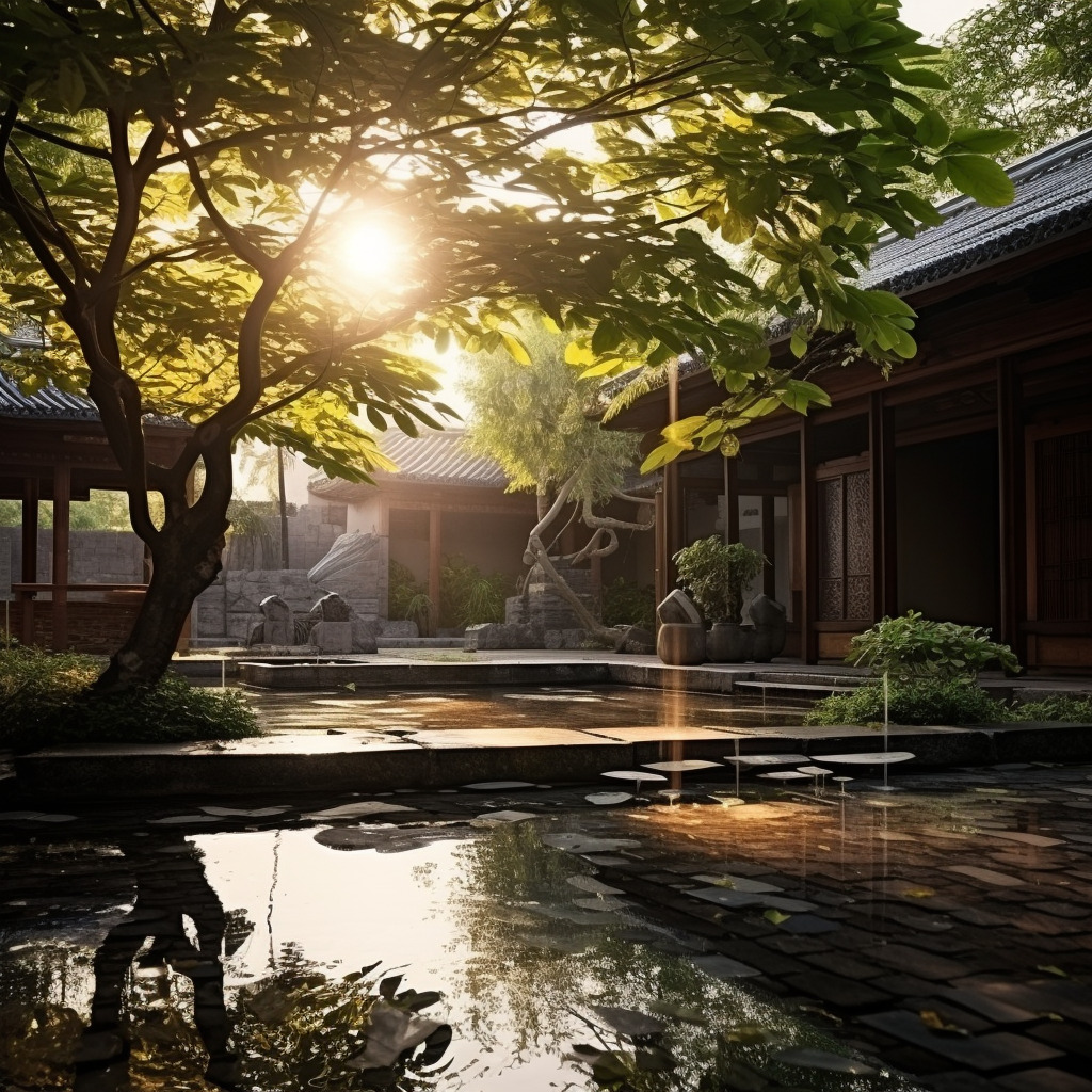 清晨第一缕阳光落在中式庭院,相机实拍,物体真实,物体纹理真实自然,氛围感真实强烈,水面纹理、反光真实-豆友cFxM的文本出图-自由创作作品