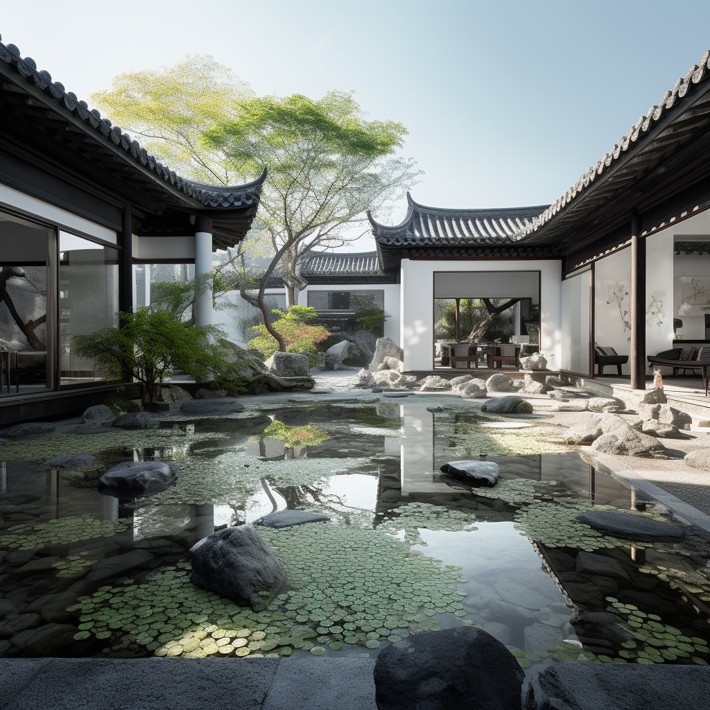正午的中式庭院,相机实拍,物体真实,物体纹理真实自然,氛围感真实强烈,水面纹理、反光真实,光源真实,-豆友cFxM的Midjourney作品 ...