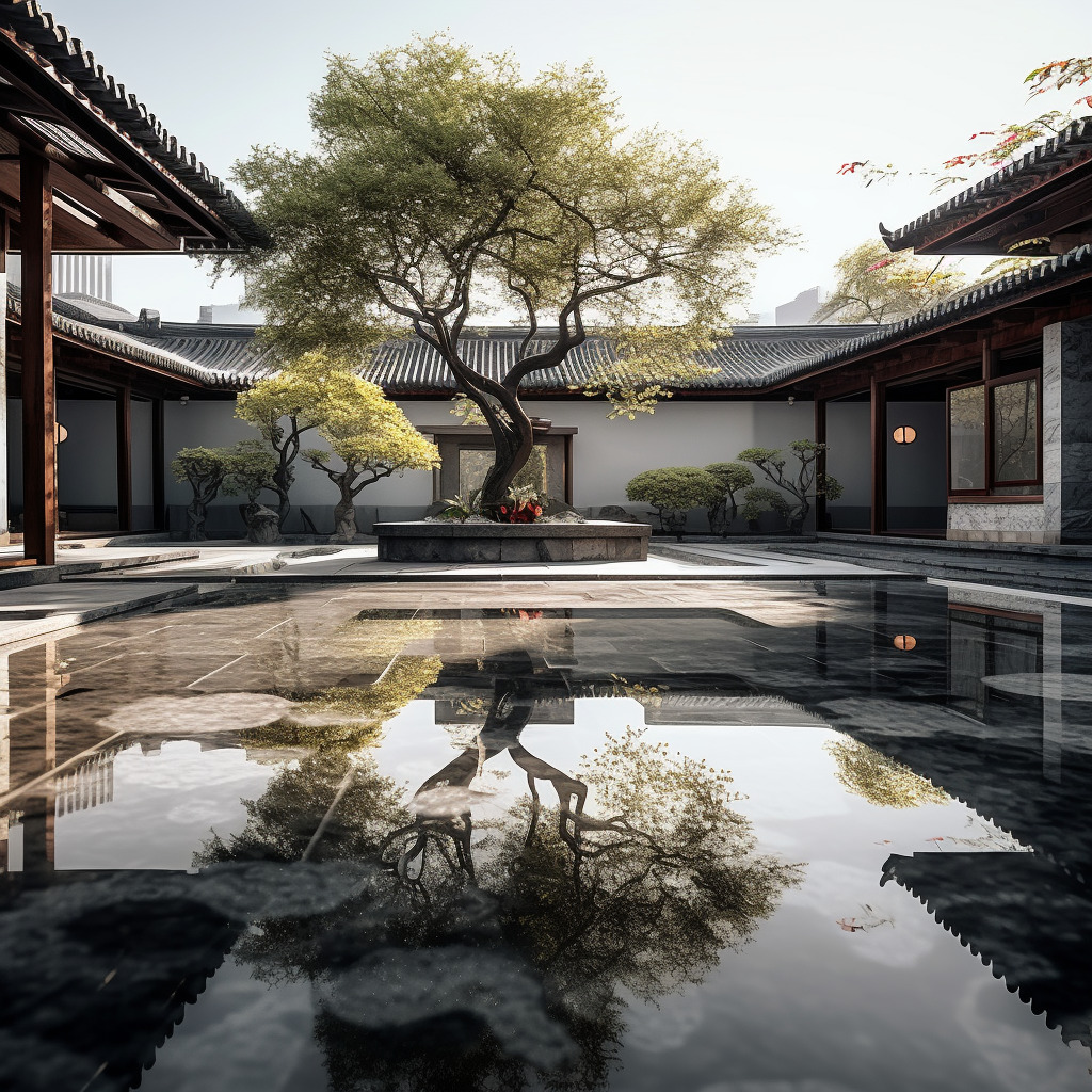 阳光落在正午的中式庭院,相机实拍,物体真实,物体纹理真实自然,氛围感真实强烈,水面纹理、反光真实,光-豆友cFxM的文本出图-自由创作作品
