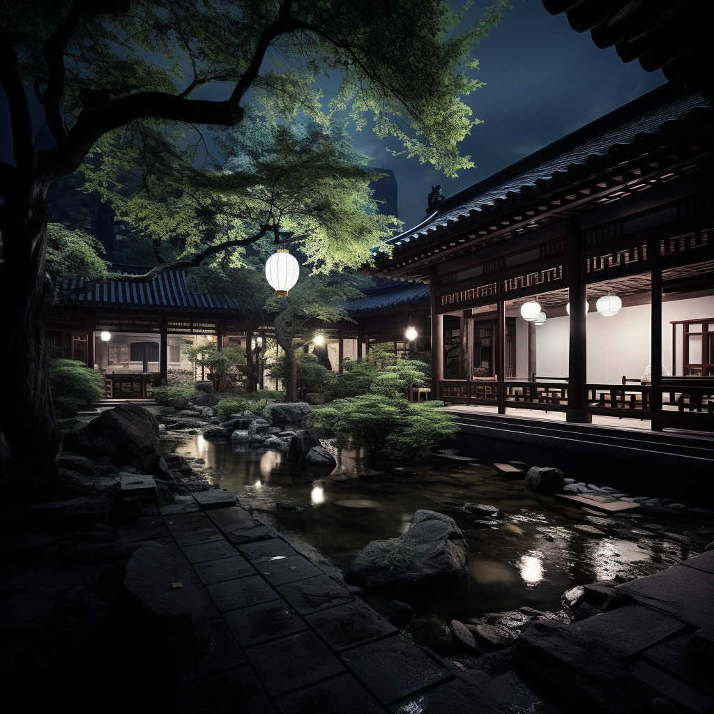 夜晚静谧的中式庭院,一轮明月悬在天空,相机实拍,物体真实,物体纹理真实自然,氛围感真实强烈,水面纹理-豆友cFxM的文本出图-自由创作作品
