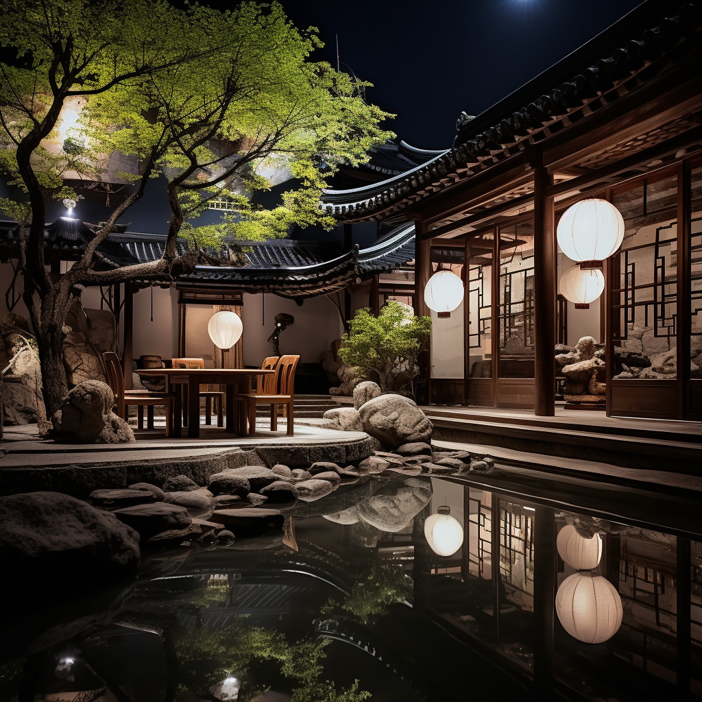夜晚静谧的中式庭院，一轮明月悬在天空，相机实拍，物体真实，物体纹理真实自然，氛围感真实强烈，水面纹理-豆友cFxM的文本出图-自由创作作品