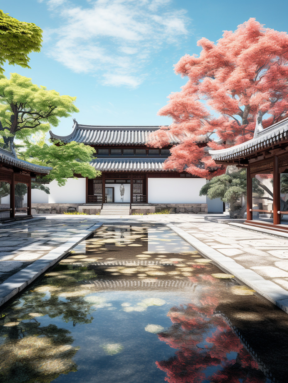 烈日当空正午的中式庭院,相机实拍,物体真实,物体纹理真实自然,氛围感真实强烈,水面纹理、反光真实,光-豆友cFxM的Midjourney作品 ...