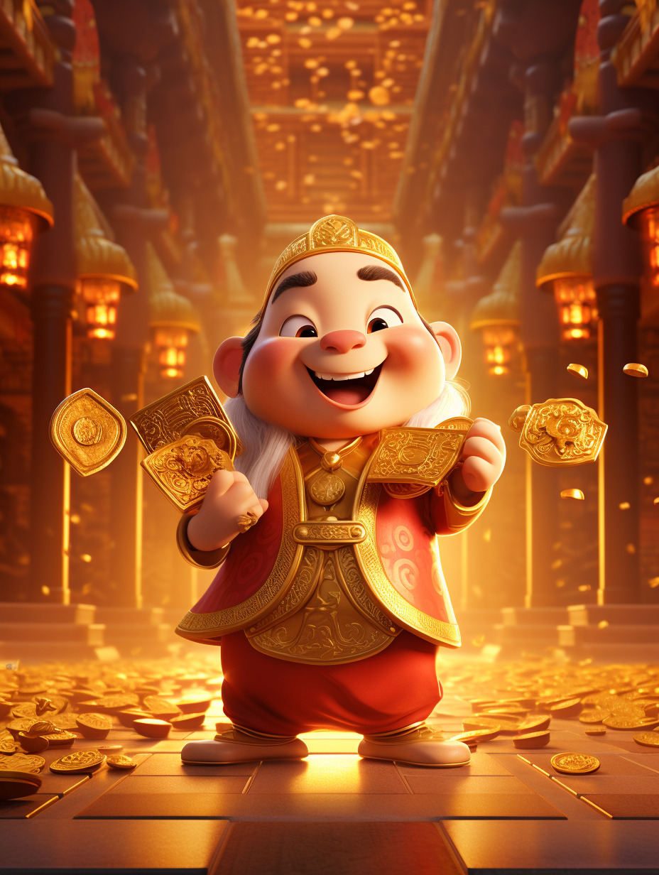 中国的财神，Q版，可爱，迷你，手里拿着一块超大的闪闪发光的金元宝，他脸上笑容轻松，在一座中国古典建筑-又笨又聪明的一颗豆的文本出图-自由创作作品