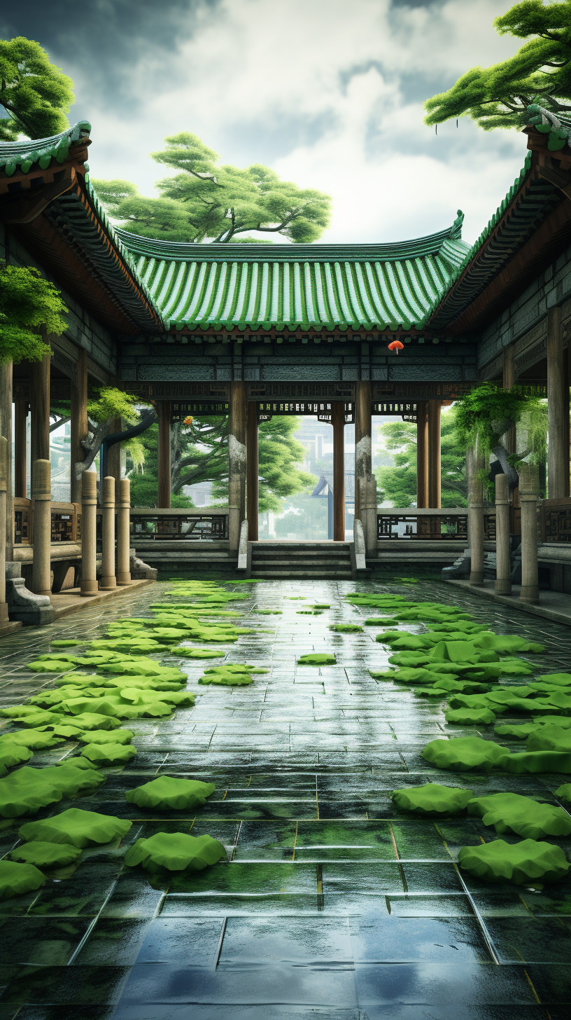 中式寺庙庭院,相机实拍,物体真实,物体纹理真实自然,氛围感真实强烈,水面纹理、反光真实,光源真实,光-豆友Q18A的文本出图-自由创作作品