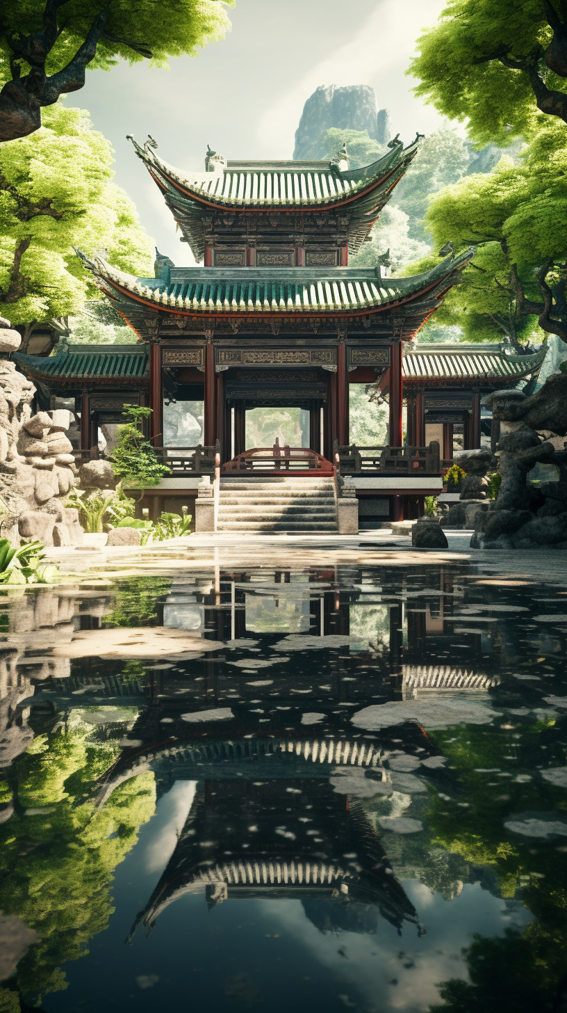 中式寺庙庭院,相机实拍,物体真实,物体纹理真实自然,氛围感真实强烈,水面纹理、反光真实,光源真实,光-豆友Q18A的Midjourney作品 ...